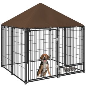 PawHut Outside Dog Kennel, 4.6' x 4.6' x 5' Puppy Play Pen with Canopy, Garden Playpen Fence Crate Enclosure Cage with Rotating Bowl, Black